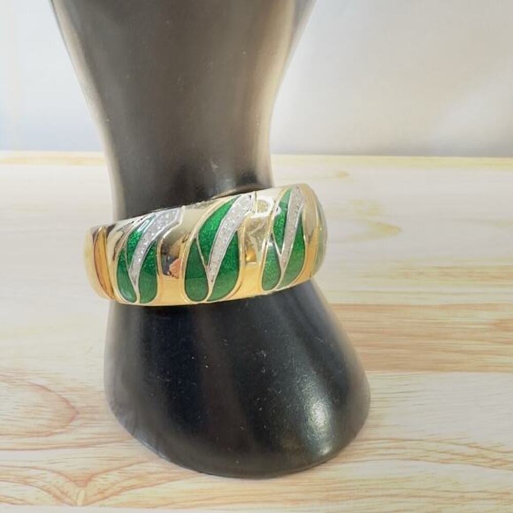 Christian Dior Bracelet Gold Tone Clear Rhinestone Green Enamel Sz 6.5 - Picture 9 of 16